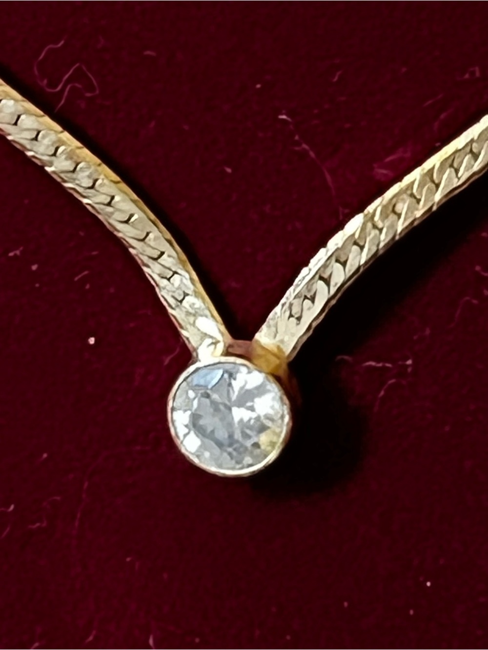 Vintage Gold Tone V Herringbone Necklace with Clear Solitaire Pendant